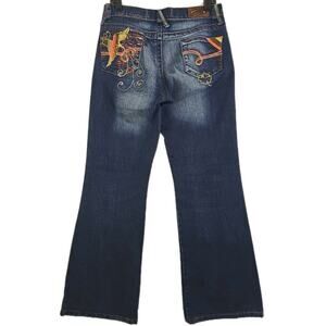 Jeans ~Woman 32×30~Blue Denim Zip Fly Embroidered 5-Pocket Bootcut Leg Stretch.